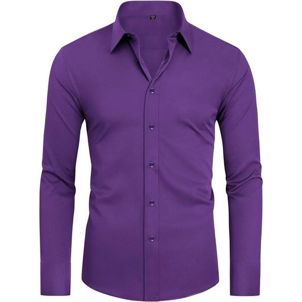 Men's Clothing Four Sided Stretch Slim Long Sleeve Solid Color Simple Shirt Business Casual_viptrois.com