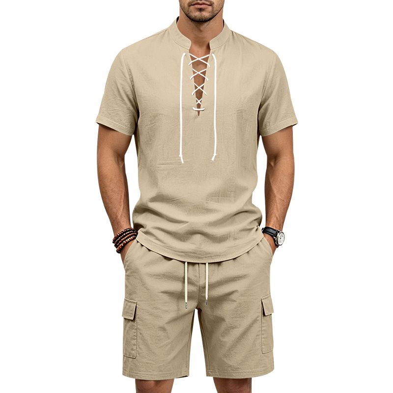 Men's Breathable Linen Short Sleeve T-Shirt And Shorts Set Summer Casual Loose Fit Outdoor Workwear Style Outfit_viptrois.com