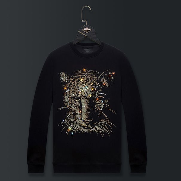 Men's Clothing Sweatshirt men spring and autumn new fat men's clothing large size plus autumn men's clothes heavy hot diamond leopard_viptrois.com