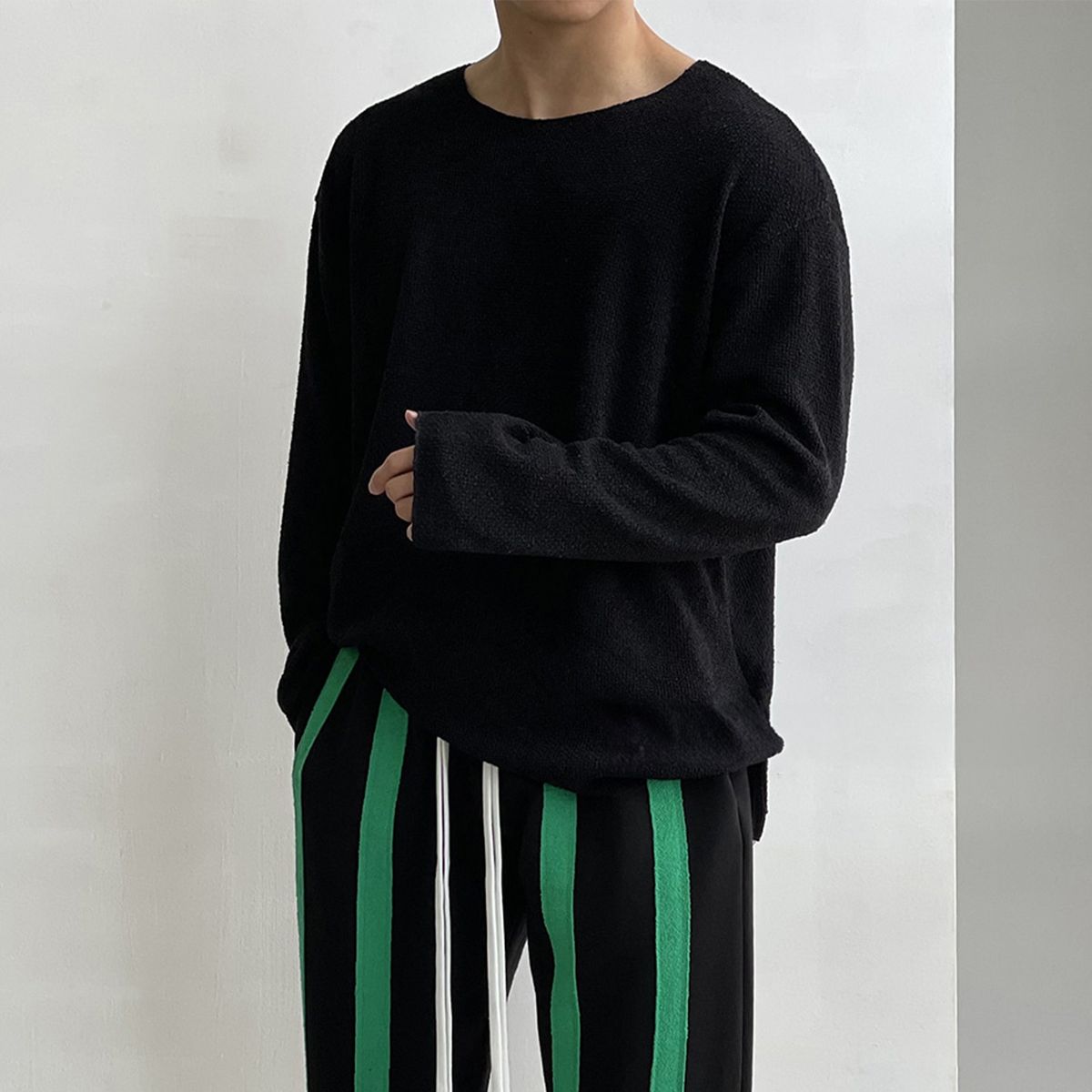 Men's Clothing Cold Feeling Round Neck Loose Casual White Sweater Wear Sense Long Sleeve Men's T Shirt Lazy Low Top High End Series_viptrois.com