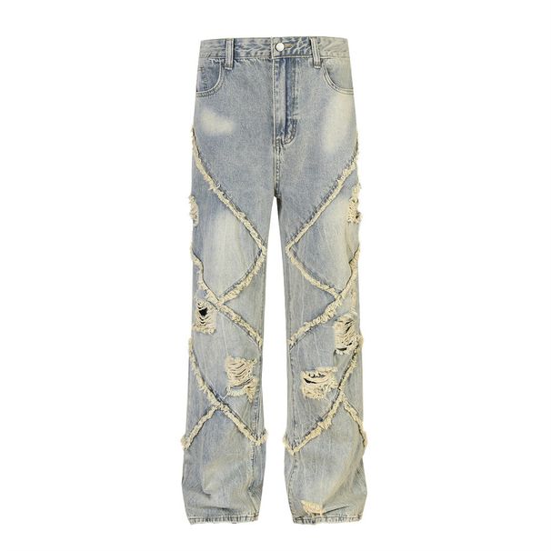 Heavy-duty Distressed Frayed Patchwork Jeans Unisex Trendy Irregular Split Vintage Washed Loose Long Pants_viptrois.com