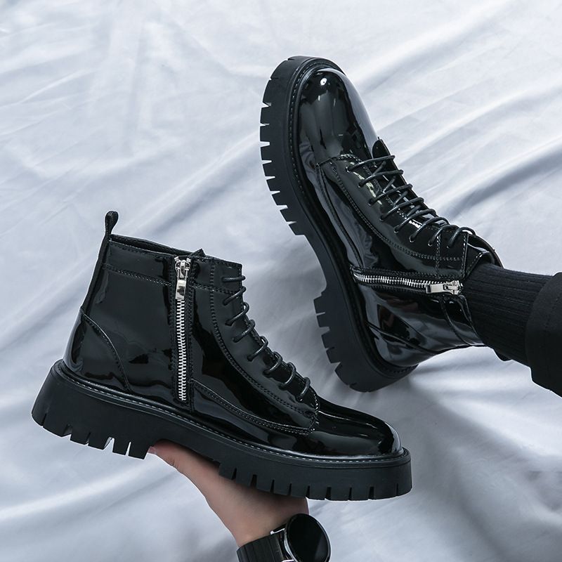 European Warm Series Martin British Style High Dark Series Shiny Leather Thick Sole Height Increasing Mid Top Inner Side Zipper Short Boots_viptrois.com