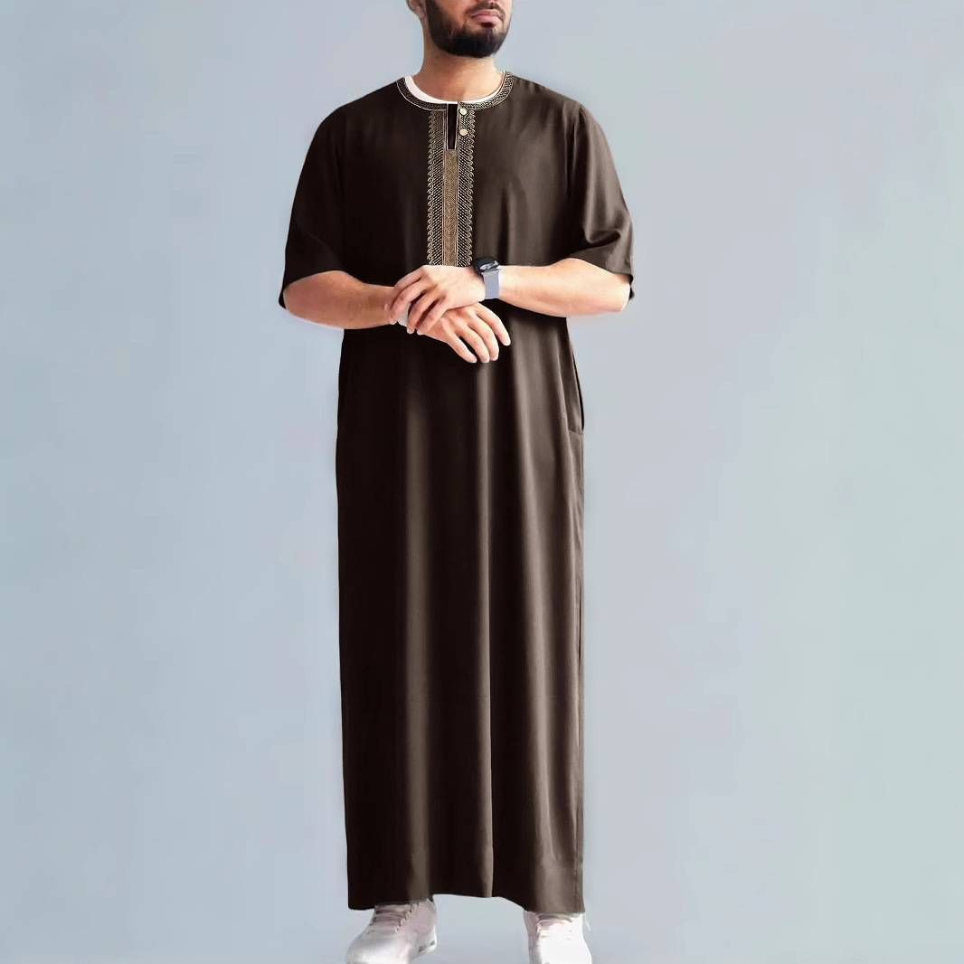 Men's Clothing New Middle Eastern Retro Muslim Mid Sleeve Embroidery Ethnic Style Moroccan Men's Robe Side Pockets_viptrois.com