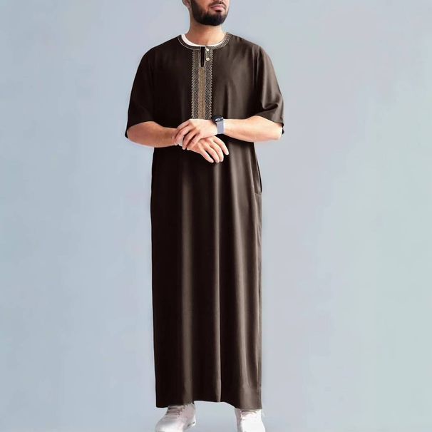 Men's Clothing New Middle Eastern Retro Muslim Mid Sleeve Embroidery Ethnic Style Moroccan Men's Robe Side Pockets_viptrois.com
