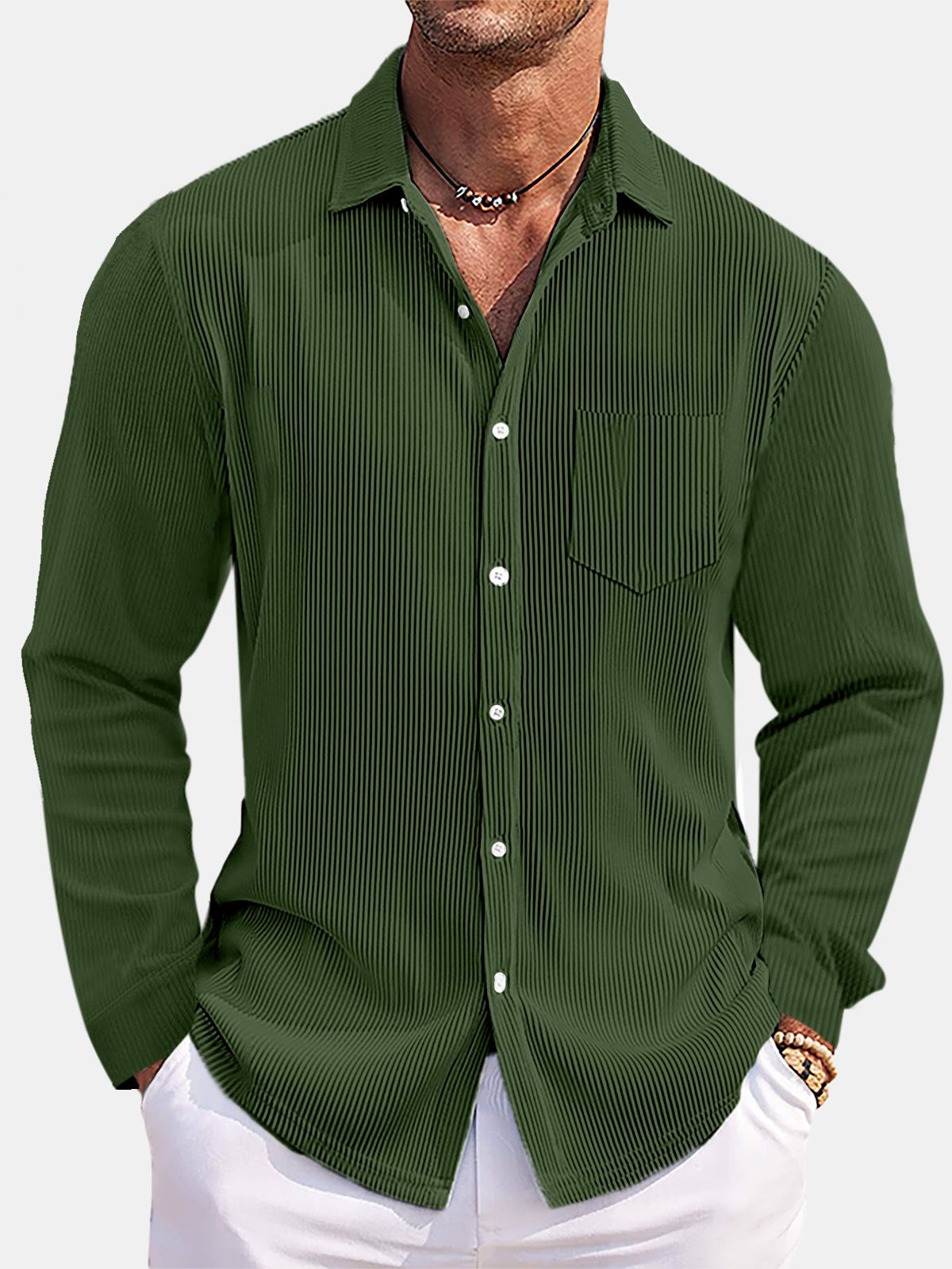 Men's Clothing Men's Solid Color Loose And Comfortable Vertical Striped Long Sleeved Shirt_viptrois.com