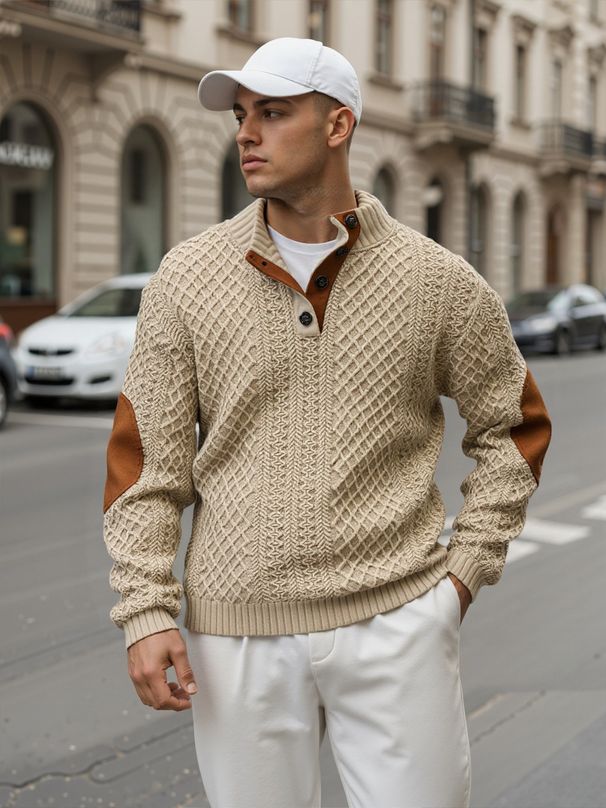 Jacquard Knitted Pullover Long Sleeved Henley Sweater, Suitable For Sports, Outings, And Business._viptrois.com