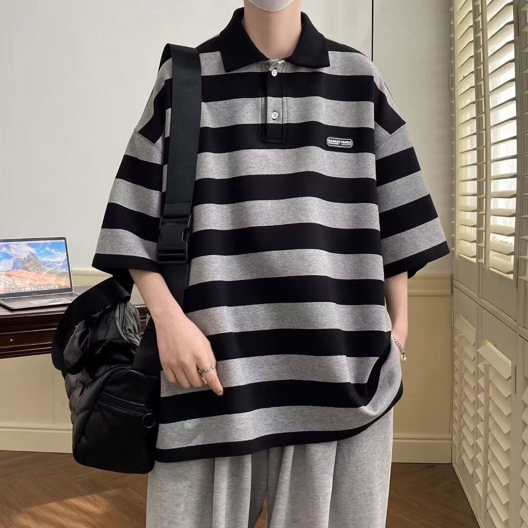 Men’s Heavyweight Stripe Polo Shirt – Short Sleeve, Loose Fit, Embroidered Collar, Streetwear Style (M-2XL, Black/Blue)_viptrois.com