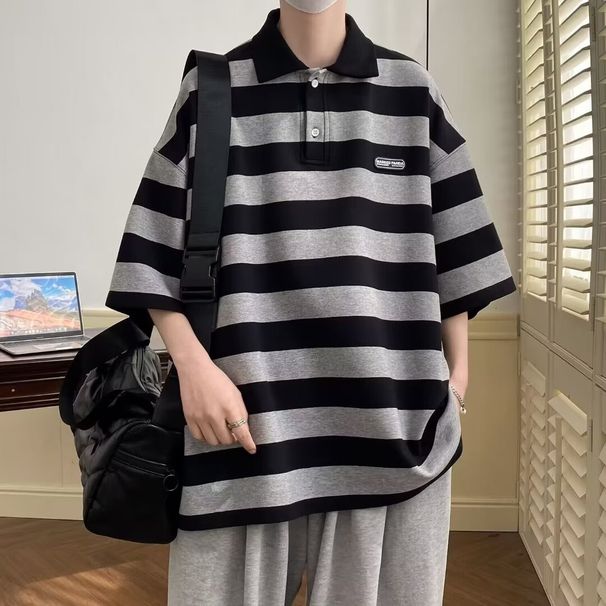 Men’s Heavyweight Stripe Polo Shirt – Short Sleeve, Loose Fit, Embroidered Collar, Streetwear Style (M-2XL, Black/Blue)_viptrois.com