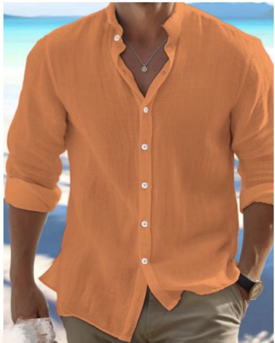 Men's Clothing Linen Button Down Shirt Beach Shirt Long Sleeved Plain Stand Up Collar Casual Shirts_viptrois.com