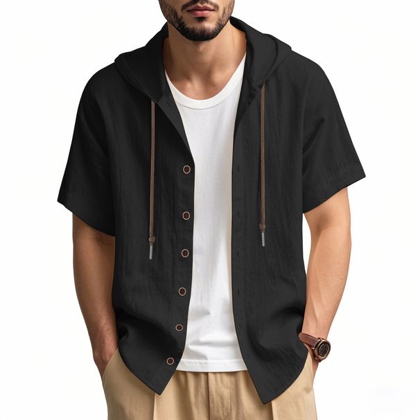 Men's Clothing Cotton And Linen Casual Short Sleeved Hooded Shirt Hooded Fashion Button Cardigan Beach T Shirt_viptrois.com
