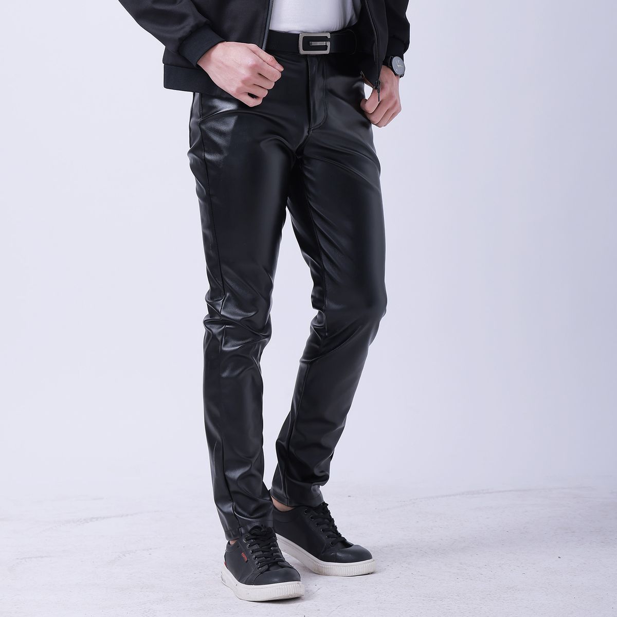 Men's Clothing Spring And Summer Thin Youth Leather Pants Men's Elastic Slim Fashion Color White Bar Net Red Leather Pants Men_viptrois.com