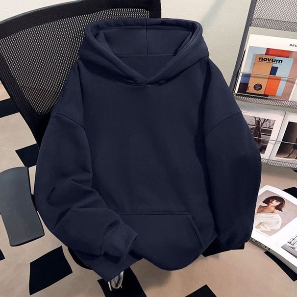 American Style Brand Navy Blue Hooded Sweatshirt Ins Autumn Unisex Solid Color Couple Design Trendy Top_viptrois.com