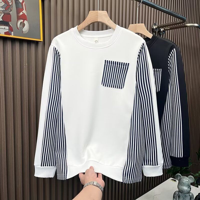Pure Pure Striped Patchwork Sweatshirt Autumn 2024 New Trendy Brand Men's Round Neck Long Sleeve Base Shirt_viptrois.com