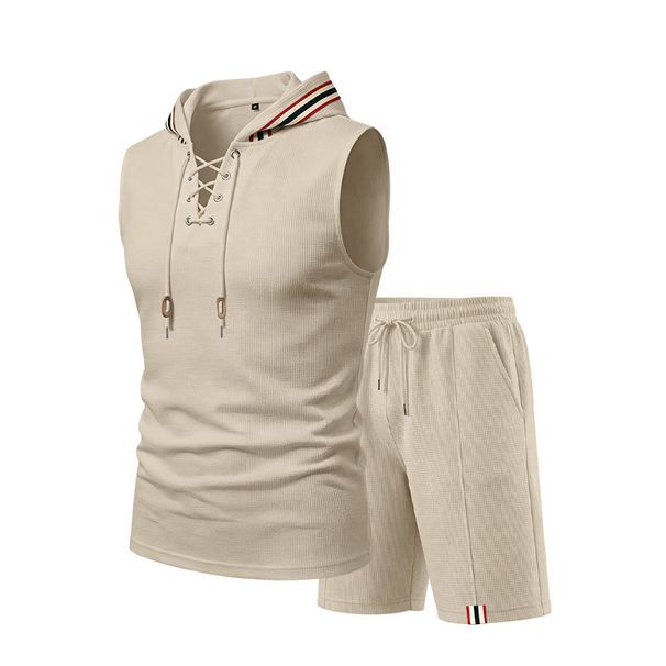 Men's Clothing Summer Men's Casual Sports Set Loose Knit Drawstring Waffle Sleeveless Hooded Vest And Shorts Style_viptrois.com