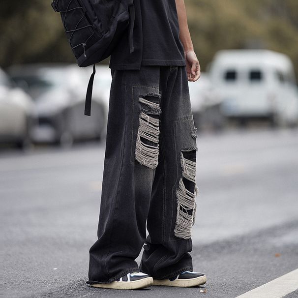 American Retro Ripped Jeans Men's Spring And Autumn Washed Old Loose Wide-leg Straight Mopping Tide High Street Pants_viptrois.com