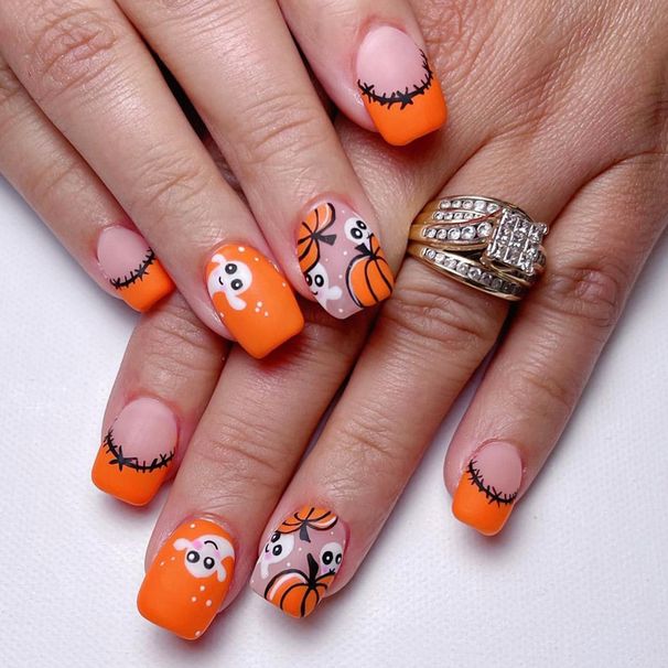 Short Square Armor Frosted Secluded Cute Pumpkin Ghost Halloween Element French Pumpkin Contrast Color False Nail 24 Pieces_viptrois.com