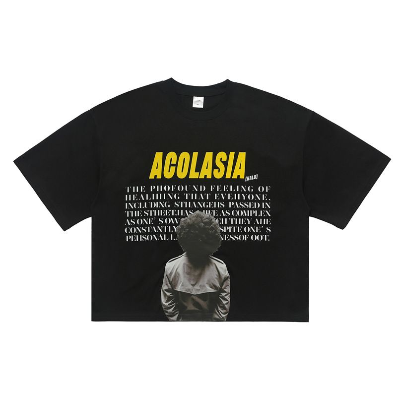 Autumn American Style Portrait Letter Print Cotton T-Shirt Unisex Loose Drop Shoulder Short Base Shirt_viptrois.com