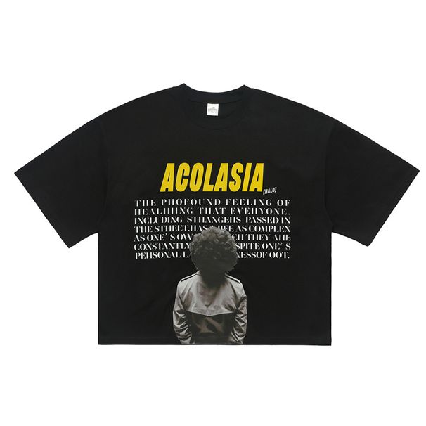 Autumn American Style Portrait Letter Print Cotton T-Shirt Unisex Loose Drop Shoulder Short Base Shirt_viptrois.com