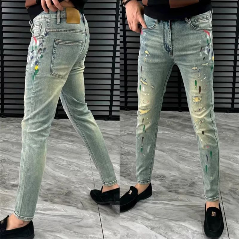 Men's Light Colored Painted Style European Jeans High Quality Stylish Versatile Comfortable Simple Fashionable Trendy Long Pants_viptrois.com