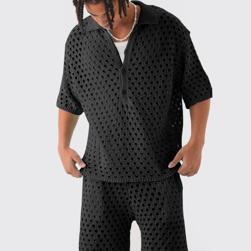 Men's Clothing Spring And Summer New Lapel Button Knitted Tops Casual Men's Sports Shorts Suit_viptrois.com