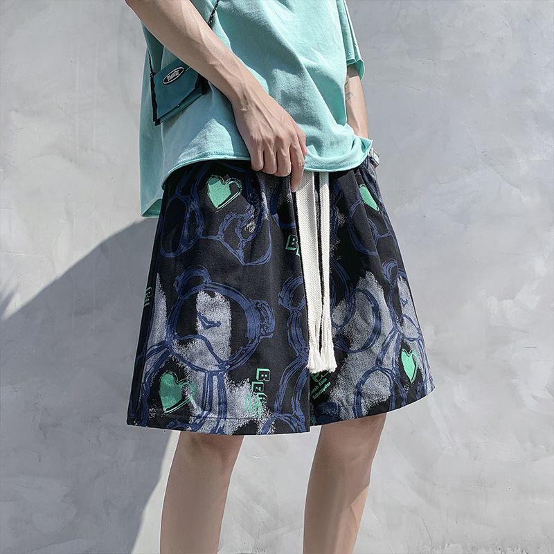 Men's Summer Bear Print High-Waist Street Style Loose Fit Drawstring Five-Point Pants Thin Trendy Design_viptrois.com