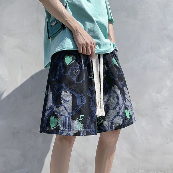 Men's Summer Bear Print High-Waist Street Style Loose Fit Drawstring Five-Point Pants Thin Trendy Design_viptrois.com