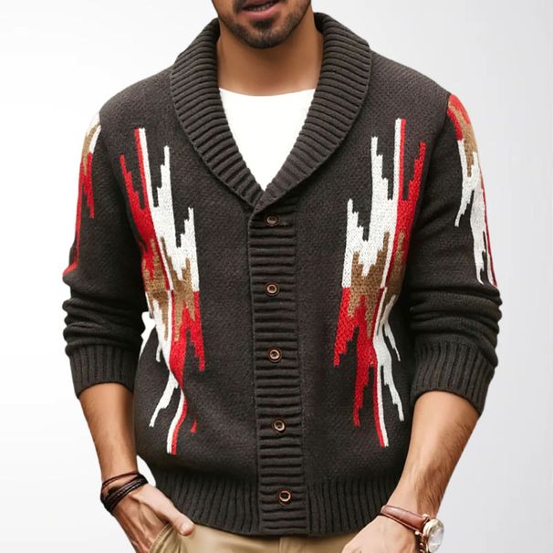Foreign Trade Cross Border Men's Retro Geometric Jacquard Cardigan, Autumn And Winter Thickened Lapel Japanese Style Sweater Coat SY0054_viptrois.com