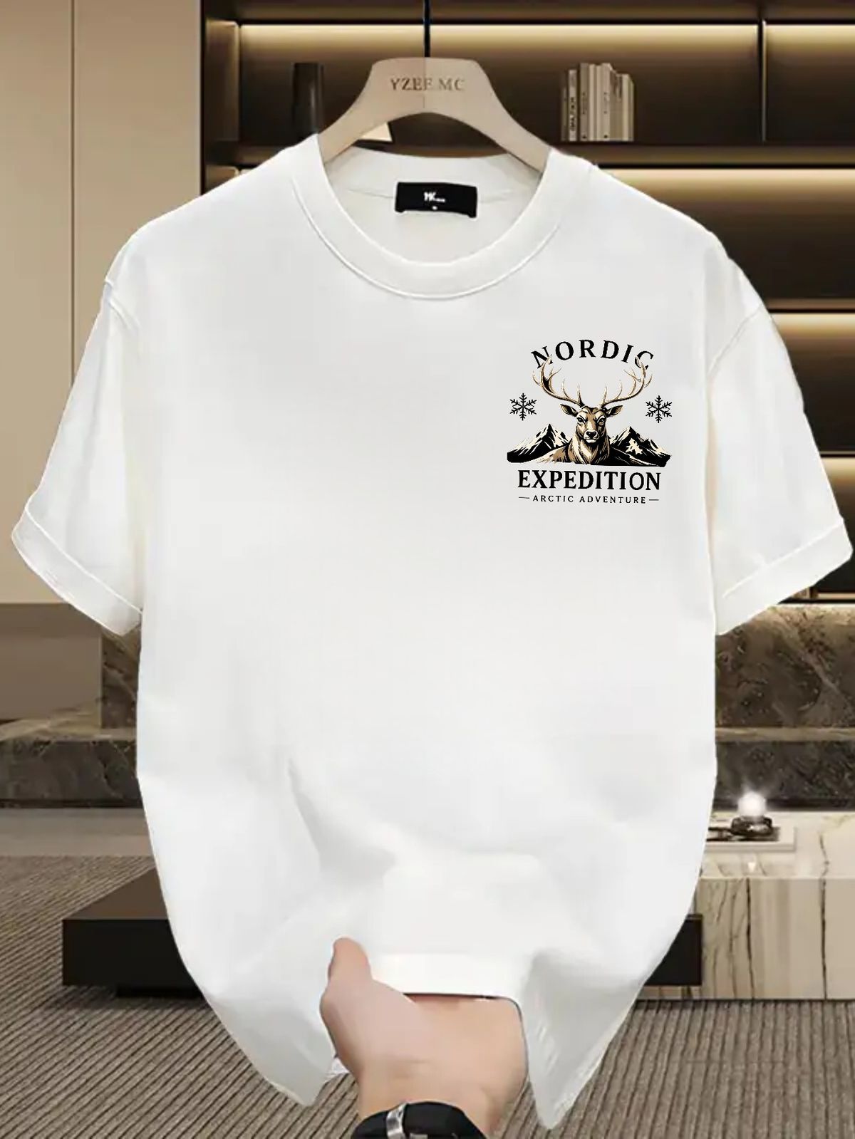 2026 Summer New Men's Short Sleeve Tee, Nordic Reindeer & Mountain Pattern With NORDIC EXPEDITION Print, Loose Trendy Casual Daily Top_viptrois.com