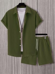 Men's Clothing Loose Button Short Sleeved Jacket Solid Color Shorts Casual Suit Summer Fashion Sports Men's Wear Two Piece Suit_viptrois.com