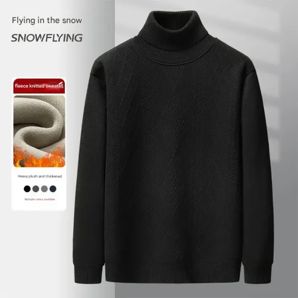Men's Clothing Men's Fleece-Lined Knit Sweater - High Neck Cable Pattern Pullover (Winter Warmth Essential)_viptrois.com