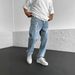 Men's Slim Fit Light Blue Jeans With Letter Embroidery, Straight Leg, Stretch Denim, Casual & Trendy Pants_viptrois.com