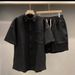 Men's Clothing Trendy Casual Suits Summer Pure Color Simple And Elegant Loose Fitting Large Size Five Point Sleeves_viptrois.com