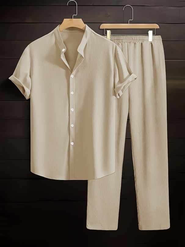 Men's Ruffled Shirt Set High School Street Style Spring Summer Stand Collar Short Sleeve Wide Leg Pants_viptrois.com
