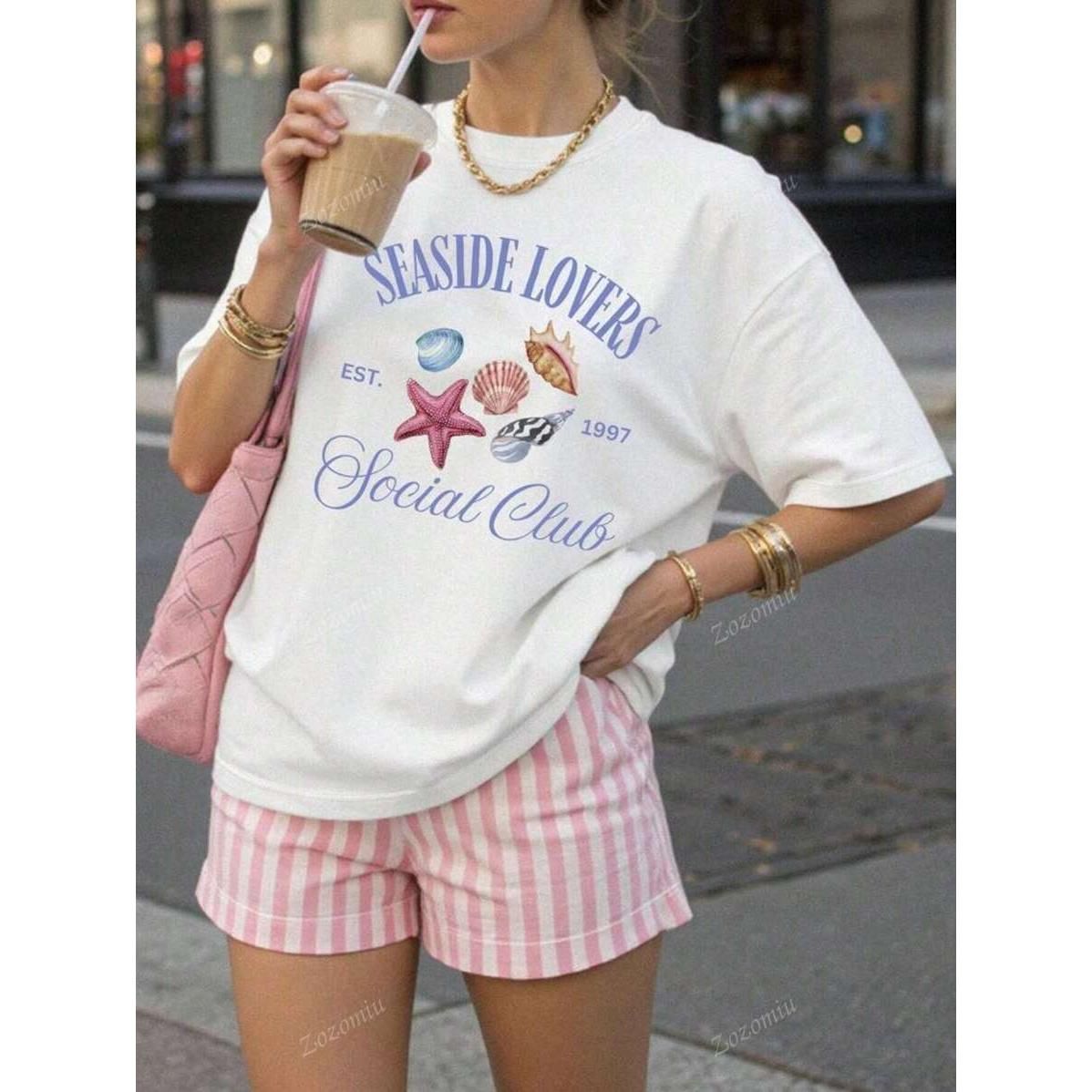 Camiseta Algodón Con Estampado Mar Casual De Moda Para Mujer_viptrois.com