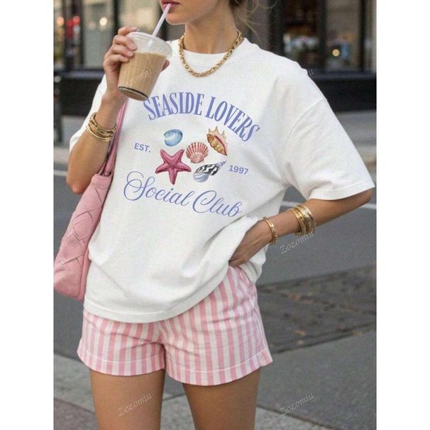Camiseta Algodón Con Estampado Mar Casual De Moda Para Mujer_viptrois.com