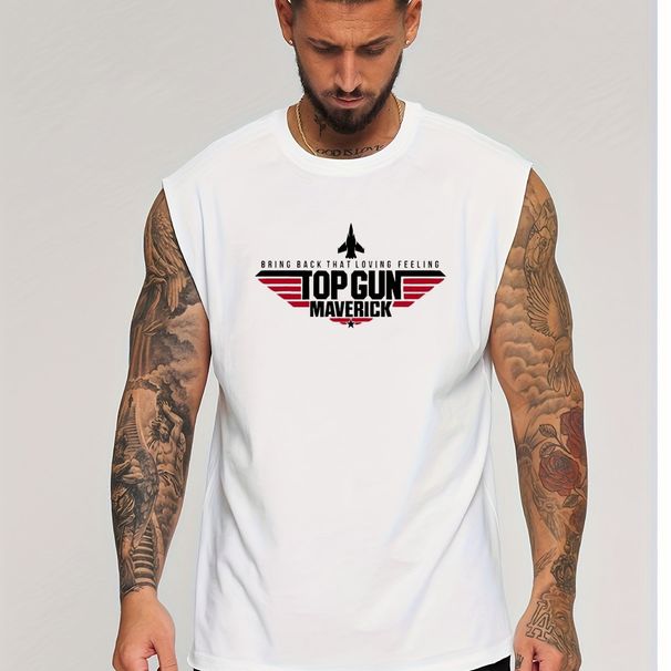 100% Pure Cotton Men's Summer Casual Sports Fitness Loose Top Gun Letter Pattern Printed Breathable Round Neck Sleeveless Vest_viptrois.com