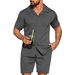 2025 Men's Lapel Cardigan And Two-Piece Set Summer Solid Color Casual Fashion Short Sleeve Shorts_viptrois.com