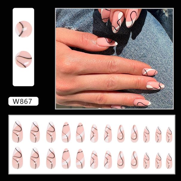 False Nails Pure Desire Mandarin Duck Color Black And White Corrugated Line Nail Art Almond Armor_viptrois.com