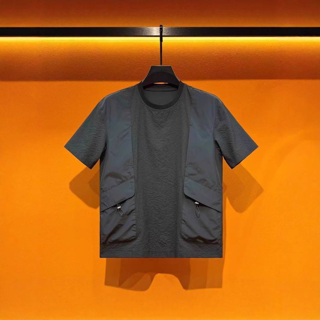 Men's Pocket Short-sleeved Round-neck Design Functional T-shirt, Half-sleeved 2025 Summer New Trendy Brand Loose Patchwork T-shirt_viptrois.com