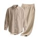 Men's New Linen Plain-color Collar Button-down Casual Long-sleeved Long Pants Men's Suit_viptrois.com