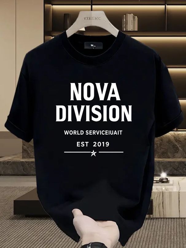 Men's 100% Cotton NOVA DIVISION Letter Star Printed Short Sleeve T-Shirt 2026 New Summer Casual Round Neck Regular Fit Streetwear Graphic Tee_viptrois.com
