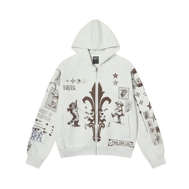 Hand-painted Graffiti Hat Pattern Printed Hooded Sweatshirt Men's Trendy Brand Loose Short Autumn Winter Jacket_viptrois.com