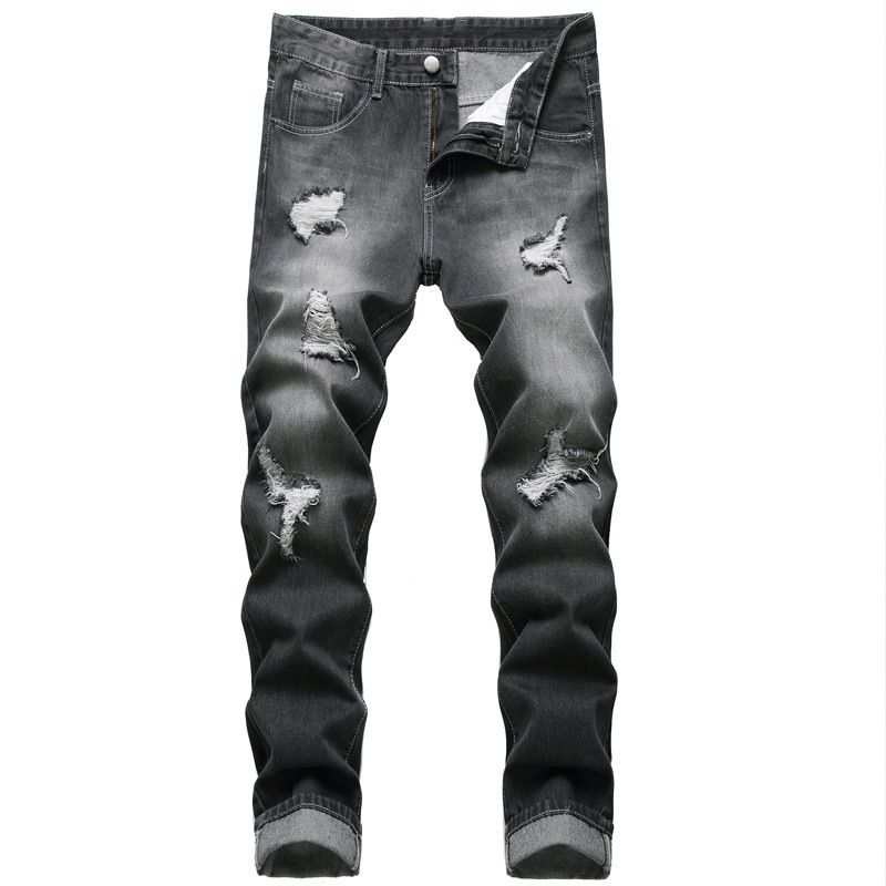 2024 New Black Oversized Men's Jeans Casual Ripped Straight Leg Denim Pants_viptrois.com