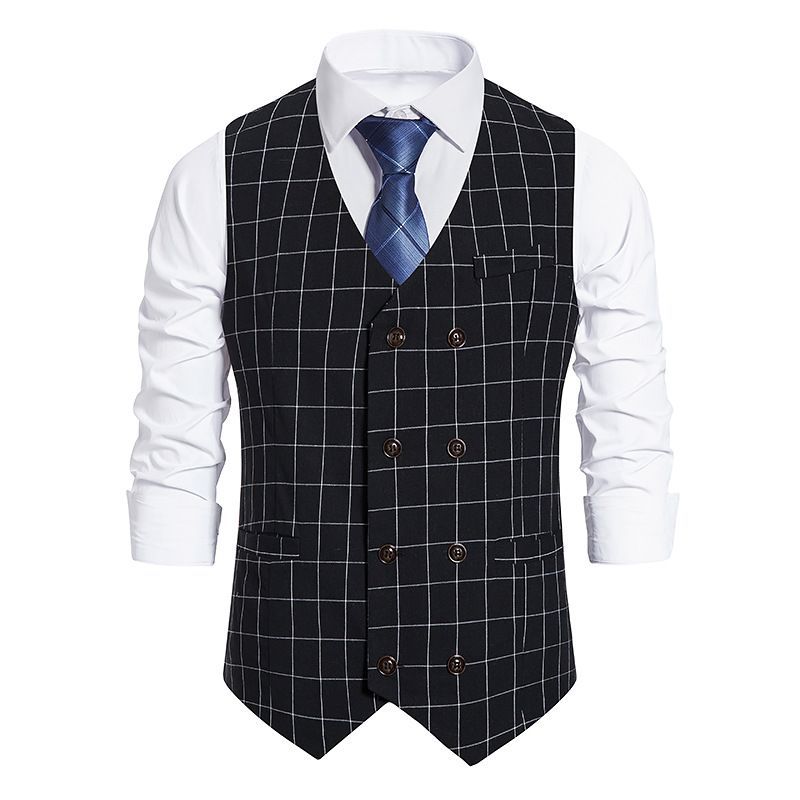 Men's Plaid British Slim Best Man Double-breasted Vest Men's Gentleman Suit Work Vintage Vest_viptrois.com