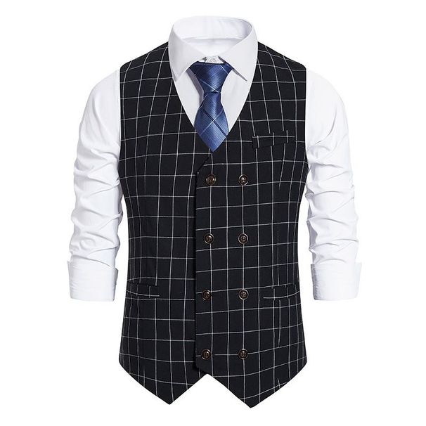 Men's Plaid British Slim Best Man Double-breasted Vest Men's Gentleman Suit Work Vintage Vest_viptrois.com