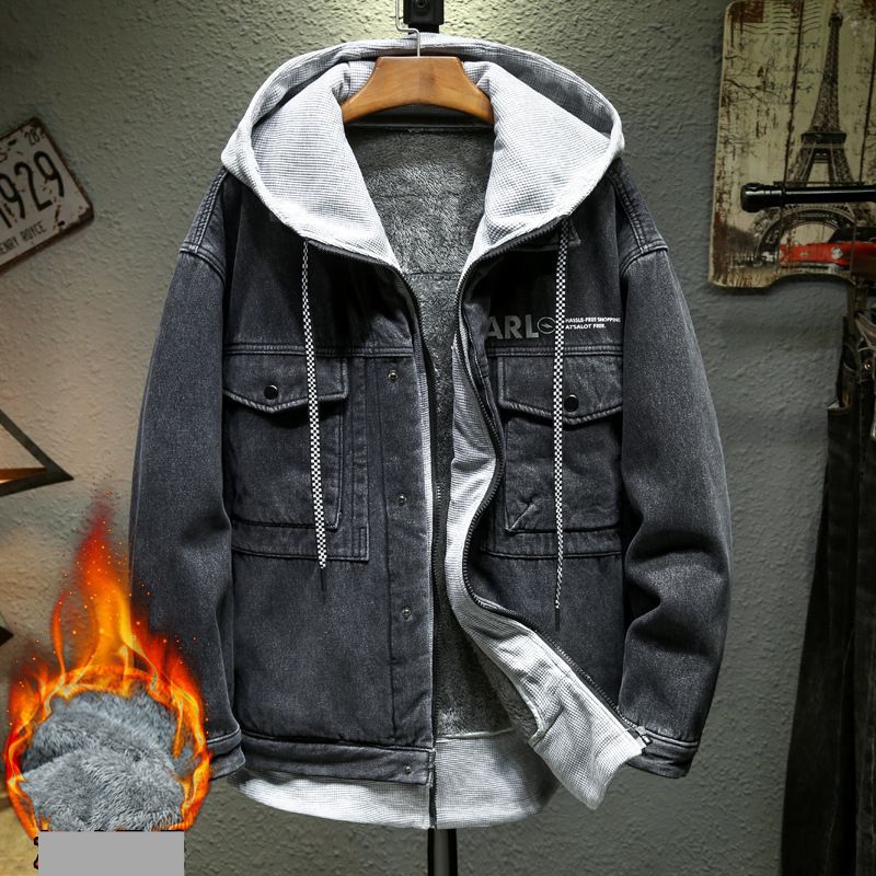 Men's Clothing hooded denim jacket men's spring and autumn trendy brand loose waffle two piece retro zipper casual jacket_viptrois.com