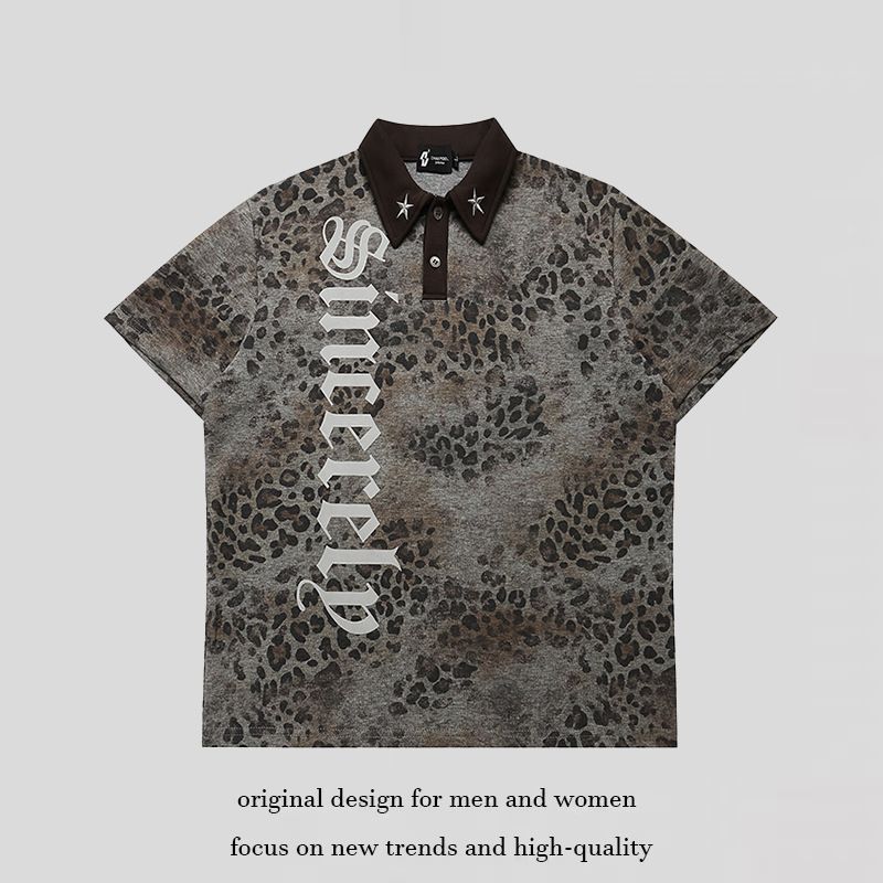 Men's Clothing Retro Shirt Letter Print Leopard Print Loose Casual Versatile Short Sleeve T-Shirt For Men And Women Summer Style_viptrois.com