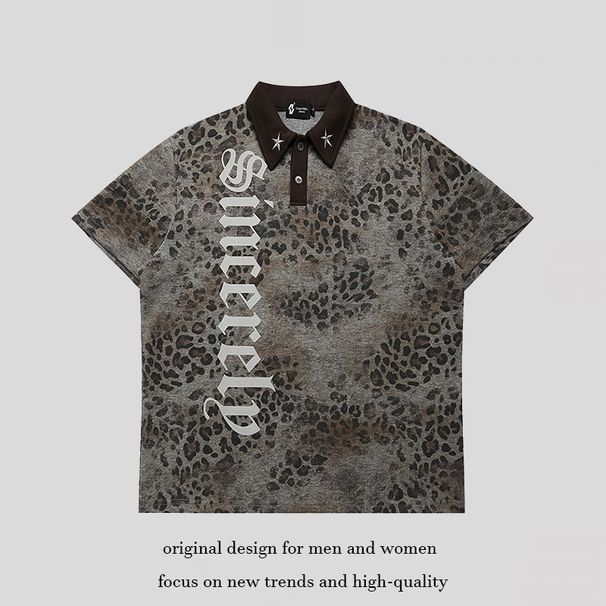 Men's Clothing Retro Shirt Letter Print Leopard Print Loose Casual Versatile Short Sleeve T-Shirt For Men And Women Summer Style_viptrois.com