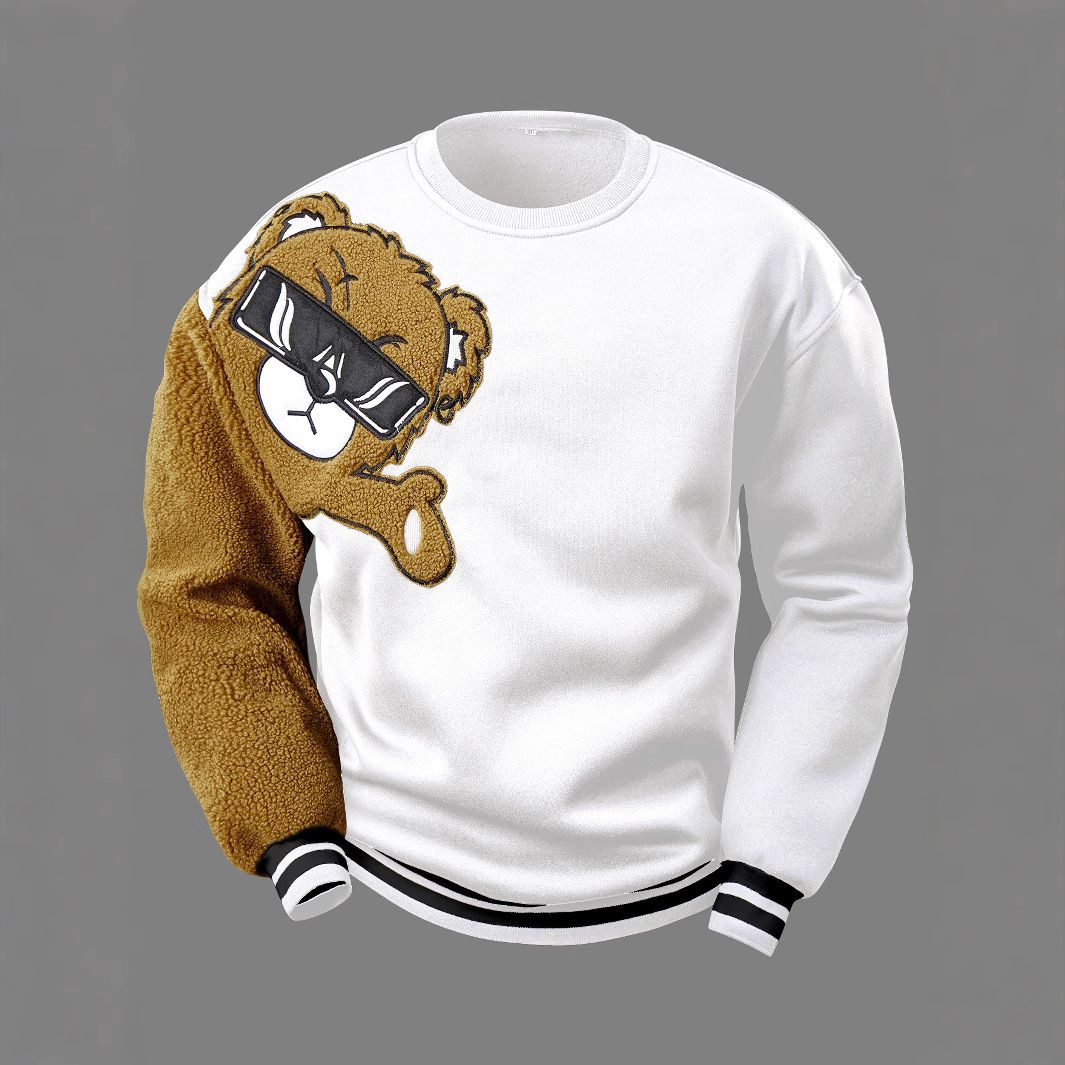 2024 Spring And Autumn Fashion Round Neck Bear Embroidered Fleece Sweatshirt_viptrois.com