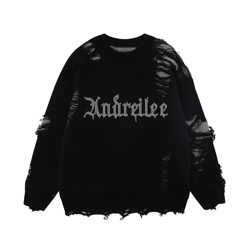 Men's Vintage Letter Graphic Sweater Raw Edge Loose Fit Round Neck Knit Pullover Unisex Couple Style Black Grey Apricot Pink_viptrois.com